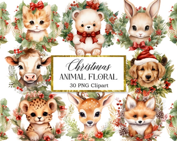 Christmas Animal Floral Watercolor Clipart, Christmas Sublimation, Christmas PNG Bundle, Digital Download