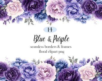 Blue Purple Floral Border Clipart, Flower Frame PNG, Digital Download