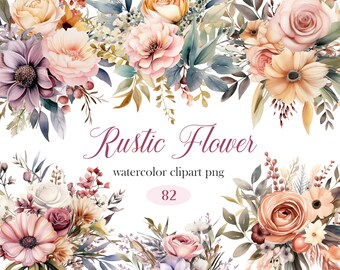Rustic Flower Clipart, Spring Flower PNG, Watercolor Floral Clipart Bundle, Bouquet, Wreath, Flower Sublimation, Digital Download, Wedding