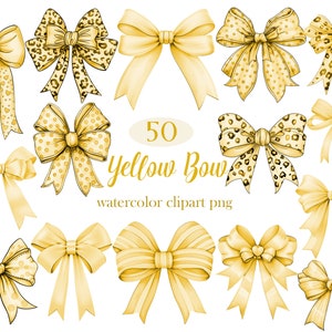 Yellow Bow PNG, Watercolor Yellow Ribbon Clipart, Yellow Bow Clipart, Ribbon PNG, Digital Download