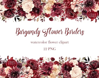 Burgundy Flower Border Clipart, Watercolor Flower Border PNG, Wedding Floral, Fall Flower PNG, Floral Frame, Digital Download