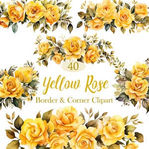 Yellow Rose PNG, Watercolor Yellow Rose Border Clipart, Rose Corner, Flower Borders, Digital Download