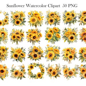May include: 50 watercolor sunflower clipart images in PNG format. The images feature yellow sunflowers with green leaves and stems. Some images feature a wreath of sunflowers, while others feature bouquets of sunflowers.