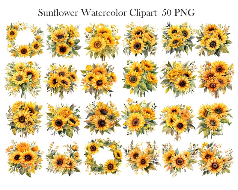 May include: 50 watercolor sunflower clipart images in PNG format. The images feature yellow sunflowers with green leaves and stems. Some images feature a wreath of sunflowers, while others feature bouquets of sunflowers.