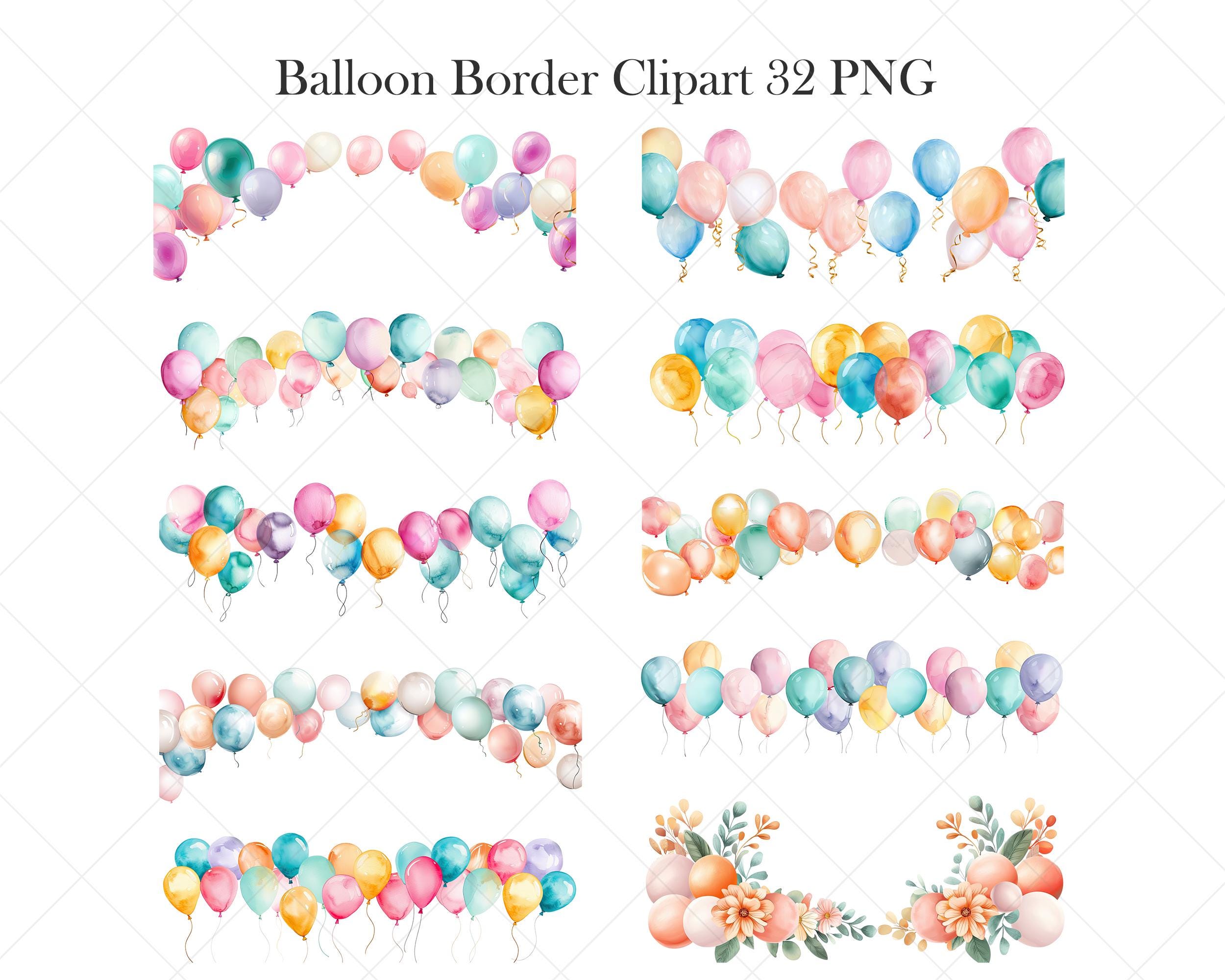 Balloon Border Clipart, Watercolor Balloon PNG, Birthday Decor, Balloon ...