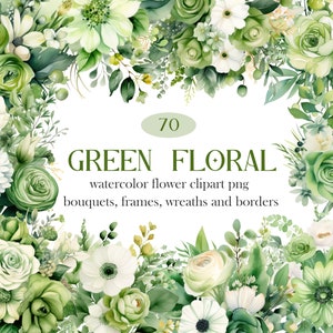 Groene bloemen PNG-clipart, aquarel bloem PNG, bloemen boeket krans clipart, digitale download