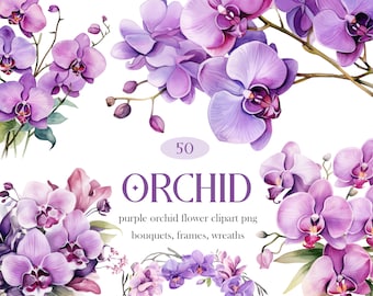 Lila Orchidee Clipart Bundle, Aquarell Orchidee PNG, Blumenstrauß Kranz, Orchidee Sublimation