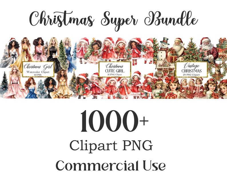 Peut inclure: Un lot de clipart num&eacute;rique comprenant plus de 1000 images sur le th&egrave;me de No&euml;l. Les images comprennent des illustrations vintage de filles de No&euml;l, du P&egrave;re No&euml;l, de bonhommes de neige et de rennes. Il y a aussi des illustrations &agrave; l'aquarelle de filles de No&euml;l dans diff&eacute;rentes poses. Le lot est destin&eacute; &agrave; un usage commercial.