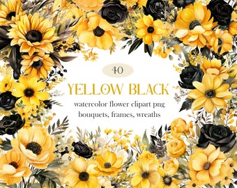 Yellow Black Flower PNG, Watercolor Yellow Floral Clipart, Bouquet, Wreath, Spring Flower Clipart, Digital Download