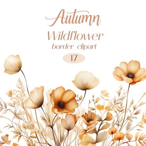 Autumn Wildflower Clipart, Watercolor Fall Flower PNG, Flower Border, Digital Download