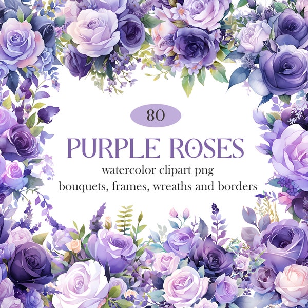 Purple Rose Watercolor Clipart PNG, Wedding Flowers Bouquet, Watercolor Floral Clipart Bouquets Wreath