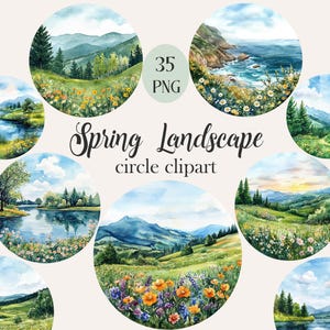 May include: Watercolor spring landscape circle clipart. The image features several circular watercolor paintings of scenic landscapes, including mountains, rivers, and coastal views. The text "Spring Landscape circle clipart" is displayed in the center, with "35 PNG" in the upper left.