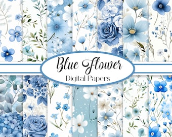 Blue Flower Digital Paper, Watercolor Floral Background, Scrapbook Papers, Junk Journal, Winter Floral, Spring