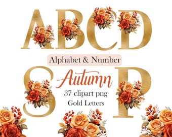 Autumn Floral Alphabet PNG, Flower Alphabet Clipart, Gold Letters, Number, Digital Download