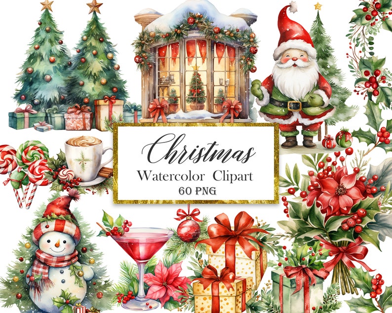 Puede incluir: Conjunto de clipart de Navidad de acuarela con 60 im&aacute;genes PNG. Incluye un mu&ntilde;eco de nieve, Pap&aacute; Noel, una taza de chocolate caliente, bastones de caramelo, regalos, una ventana con nieve y un ramo de poinsettias rojas.