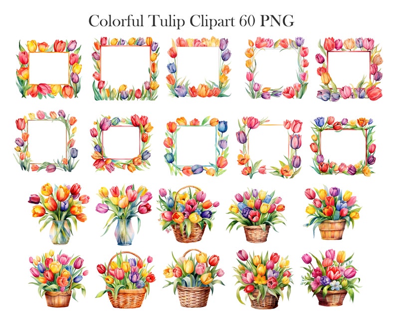Colorful Tulip Watercolor Clipart, Tulip PNG, Watercolor Floral Clipart Bouquet Wreath, Spring Flower, Digital Download image 3