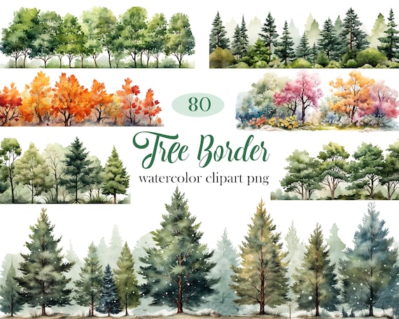 Tree PNG, Watercolor Tree Border Clipart Bundle, Tree Sublimation, Nature, Scrapbooks, Christmas Tree, Digital Download