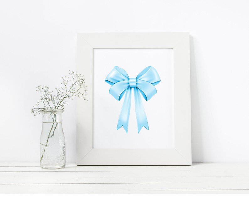 May include: A white frame with a light blue bow illustration inside. The bow is tied with a single loop and two long tails.