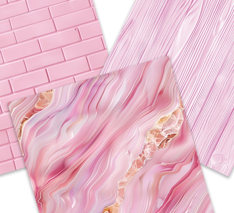 May include: Three pink patterned digital paper textures. The first is a brick pattern, the second is a wood grain pattern, and the third is a pink and white agate pattern.