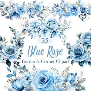 Blue Rose PNG, Watercolor Blue Rose Border Clipart, Rose Corner, Blue Flower Borders, Digital Download