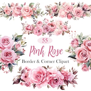Pink Rose PNG, aquarel roze roos rand clipart, Rose Corner, Valentine Rose clipart, bloemenrand, digitale download