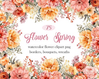 Flower Spring PNG, Watercolor Floral Clipart, Flower Border, Bouquet, Wreath, Digital Download