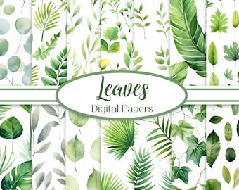 Leaves Digital Paper Bundle, Watercolor Leaf Background, Scrapbook Papers, Junk Journal, Spring, Digital Download