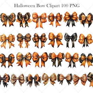 Pode incluir: Um conjunto de 30 la&ccedil;os tem&aacute;ticos de Halloween em v&aacute;rios designs. Os la&ccedil;os s&atilde;o feitos de fita laranja, preta e branca com bolinhas e estampas de leopardo.