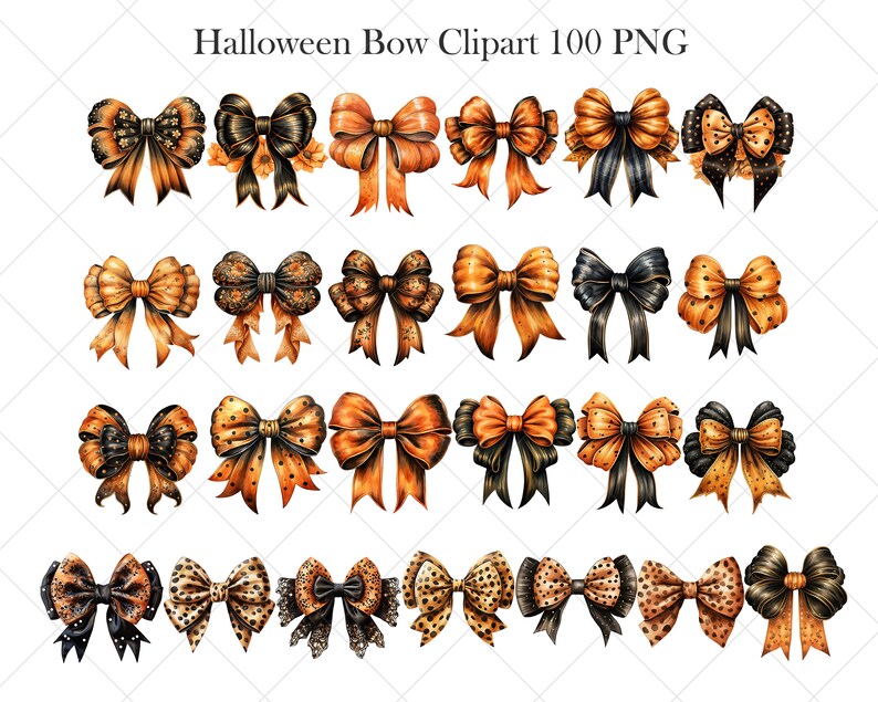 Pode incluir: Um conjunto de 30 la&ccedil;os tem&aacute;ticos de Halloween em v&aacute;rios designs. Os la&ccedil;os s&atilde;o feitos de fita laranja, preta e branca com bolinhas e estampas de leopardo.