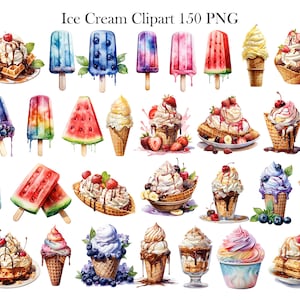 May include: A collection of 150 watercolor illustrations of ice cream cones, popsicles, and sundaes. The illustrations feature a variety of flavors, toppings, and designs, including rainbow, watermelon, and galaxy.