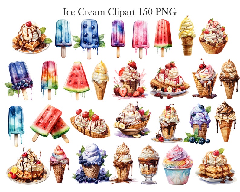 May include: A collection of 150 watercolor illustrations of ice cream cones, popsicles, and sundaes. The illustrations feature a variety of flavors, toppings, and designs, including rainbow, watermelon, and galaxy.
