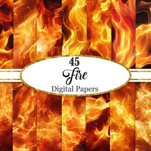 Könnte beinhalten: Eine Sammlung von 45 digitalen Papieren mit verschiedenen hochauflösenden Flammenmustern in leuchtendem Gelb, kräftigem Orange und tiefem Rot. Das Bild zeigt mehrere vertikale Paneele mit Feuertexturen und ein zentrales weißes ovales Etikett.