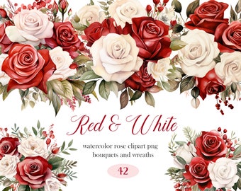 Red Rose PNG, Watercolor Red White Rose Clipart Bundle, Wedding Bouquet, Red Rose Clipart, Flower Wreath, Digital Download