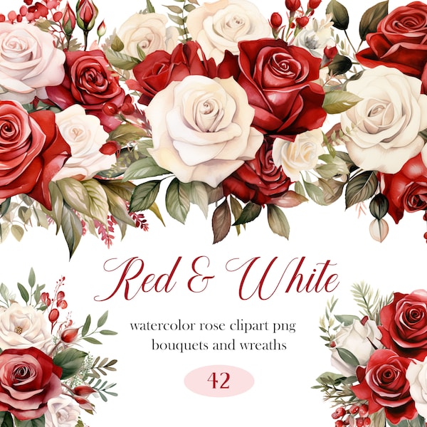 Rote Rose PNG, Aquarell rote weiße Rose Clipart Bundle, Hochzeitsstrauß, rote Rose Clipart, Blumenkranz, digitaler Download