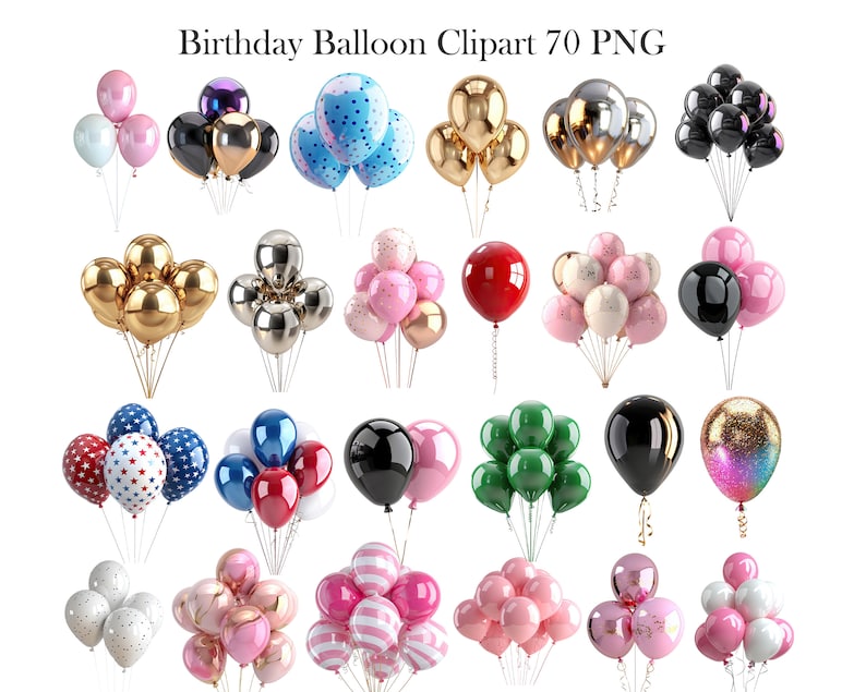 May include: A collection of colorful birthday balloons in various styles. The image includes balloons in metallic gold, silver, and black, as well as balloons with polka dots, stars, and stripes. The text "Birthday Balloon Clipart 70 PNG" is at the top.