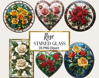 Rose Stained Glass Clipart, Rose PNG, Digital Download
