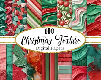 May include: A set of 100 digital papers featuring Christmas themed textures in red, green, and white. The papers include patterns like candy canes, swirls, and abstract designs.