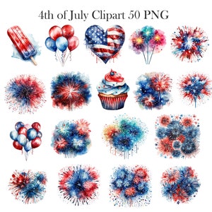 May include: A set of 50 watercolor clipart images featuring 4th of July themed designs. The images include fireworks, balloons, cupcakes, popsicles, and a heart-shaped American flag.