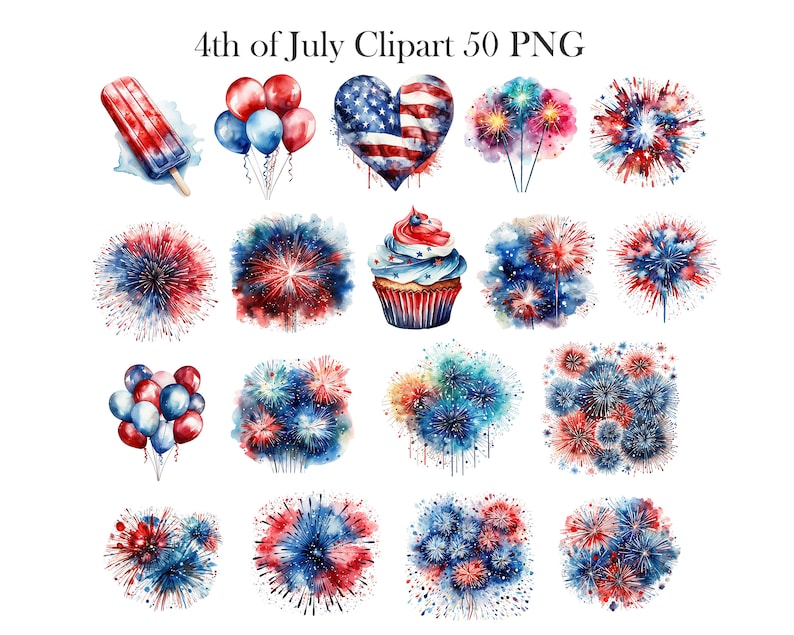 May include: A set of 50 watercolor clipart images featuring 4th of July themed designs. The images include fireworks, balloons, cupcakes, popsicles, and a heart-shaped American flag.