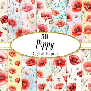 Mohnblume Digitales Papier, Mohnblumen Hintergrund Bundle, rote Blume, Scrapbook Papier, digitaler Download