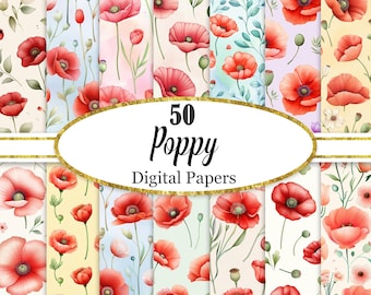 Poppy Digital Paper, Red Flower Background, Scrapbook Papers