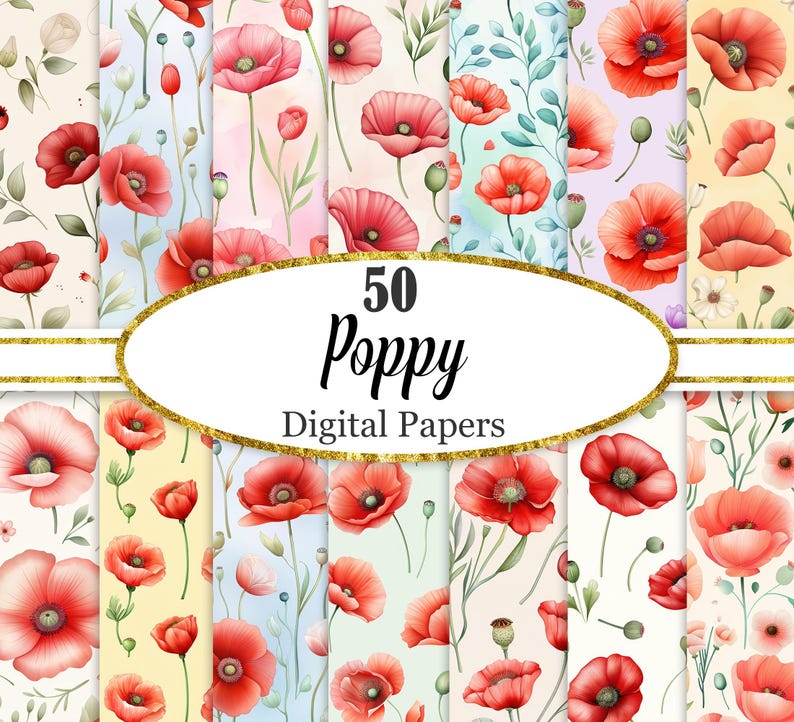 Graph Paper Poppy Poppy Digital Paper, Poppy Background Bundle, Red Flower, Scrapbook ...