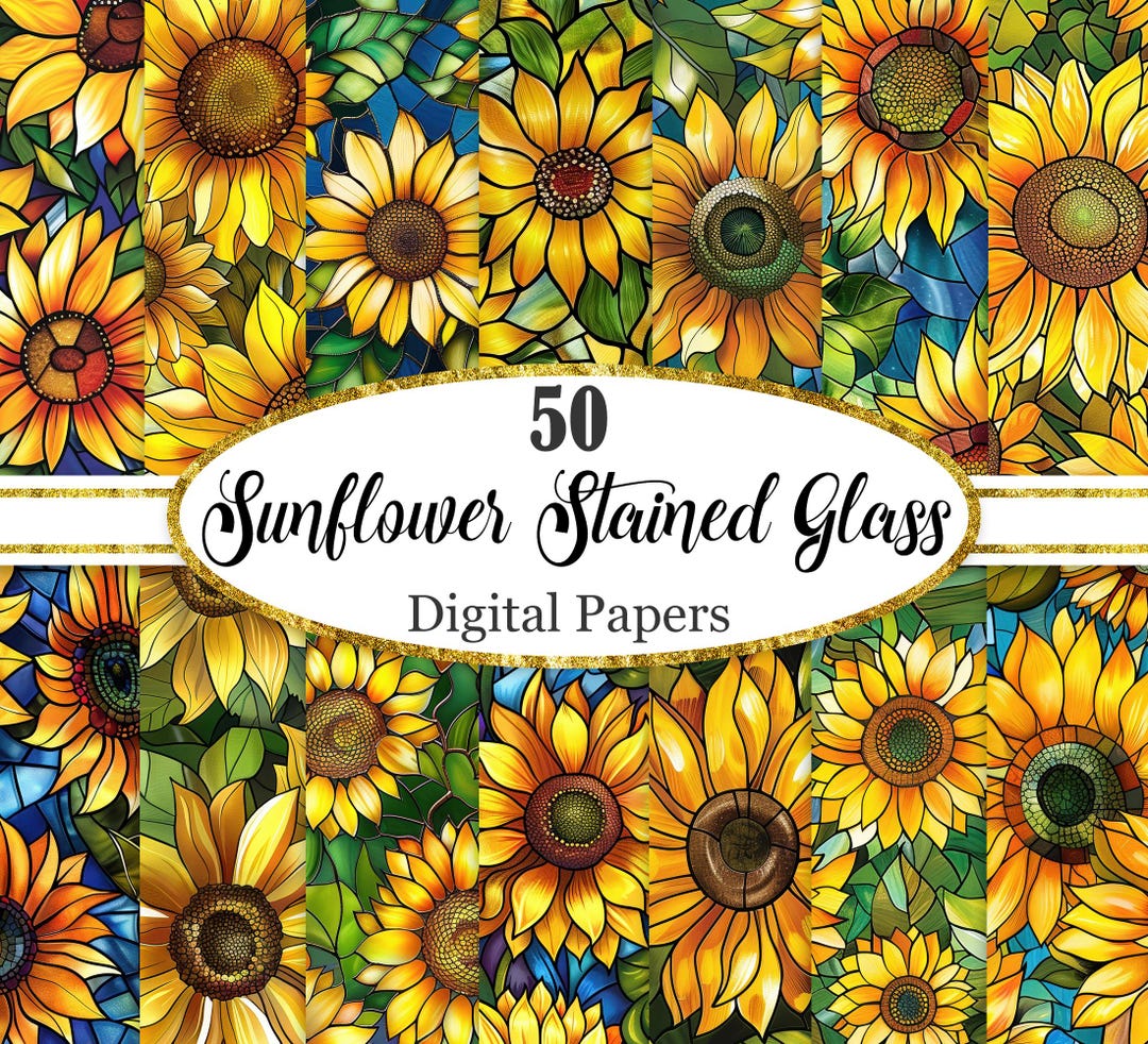 Sunflower Stained Glass Digital Paper, Flower Background, Floral ...