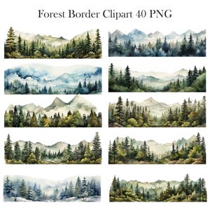 May include: A set of 40 watercolor forest border clipart images. The images feature a variety of forest scenes, including trees, mountains, and clouds. The images are perfect for adding a touch of nature to your designs.