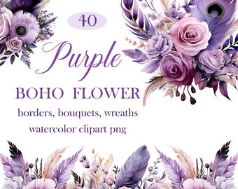 Purple Flower PNG, Watercolor Boho Floral Clipart, Flower Border, Floral Bouquet, Wreath, Spring, Digital Download