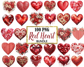Red Heart PNG, Watercolor Heart Clipart Bundle, Valentine, Heart ...