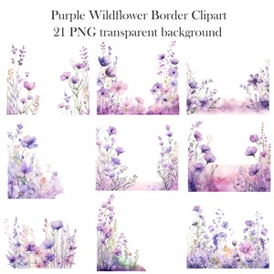 May include: A set of 21 purple watercolour wildflower border clipart images with transparent backgrounds. The images feature various arrangements of purple wildflowers, including some with a pink watercolour wash.
