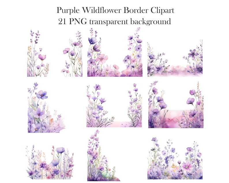 May include: A set of 21 purple watercolour wildflower border clipart images with transparent backgrounds. The images feature various arrangements of purple wildflowers, including some with a pink watercolour wash.