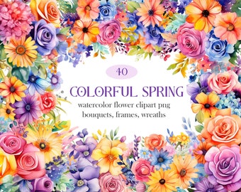 Puede incluir: Una ilustración de acuarela de un borde floral de primavera colorido con 40 diseños de flores diferentes. Las flores están en tonos de rosa, morado, amarillo, azul y naranja. El texto "40 COLORFUL SPRING watercolor flower clipart png bouquets, frames, wreaths" está en el centro de la imagen.