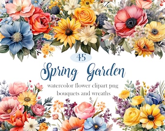 Spring Flower PNG, Watercolor Floral Clipart Bundle, Flower Sublimation, Bouquet, Wreath, Digital Download